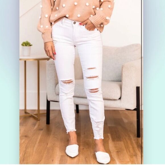 Kancan Vanessa Mid Rise Distressed Raw Hem Ankle Skinny Jeans in White NEW - Picture 1 of 5